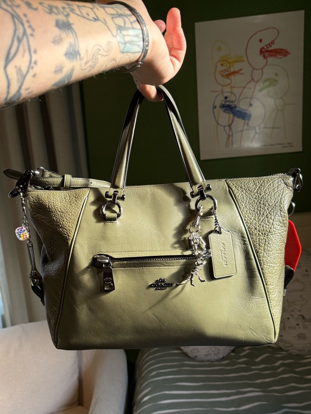 Coach Olive Green Leather Satchel with Silver Hardware